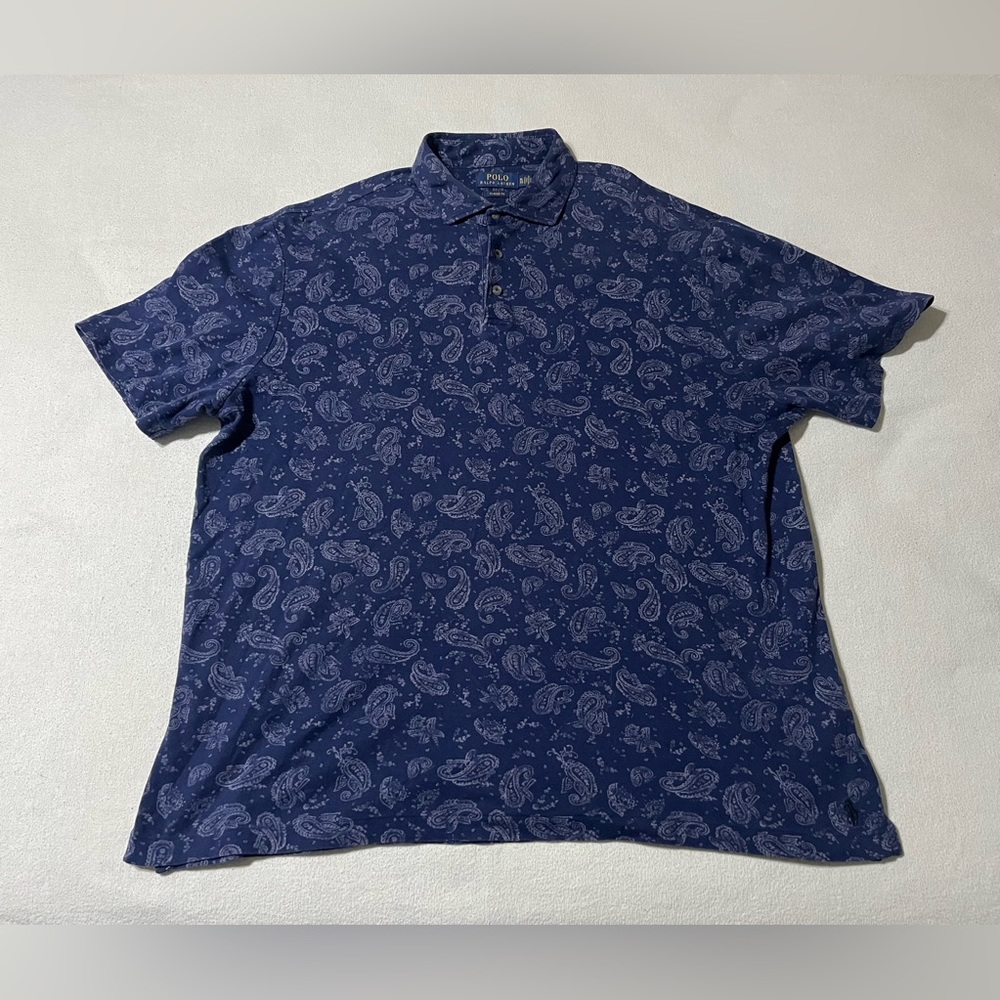 Polo Ralph Lauren Mens XL Blue Print Paisley Golf 100% Cotton Shirt *Small Flaw